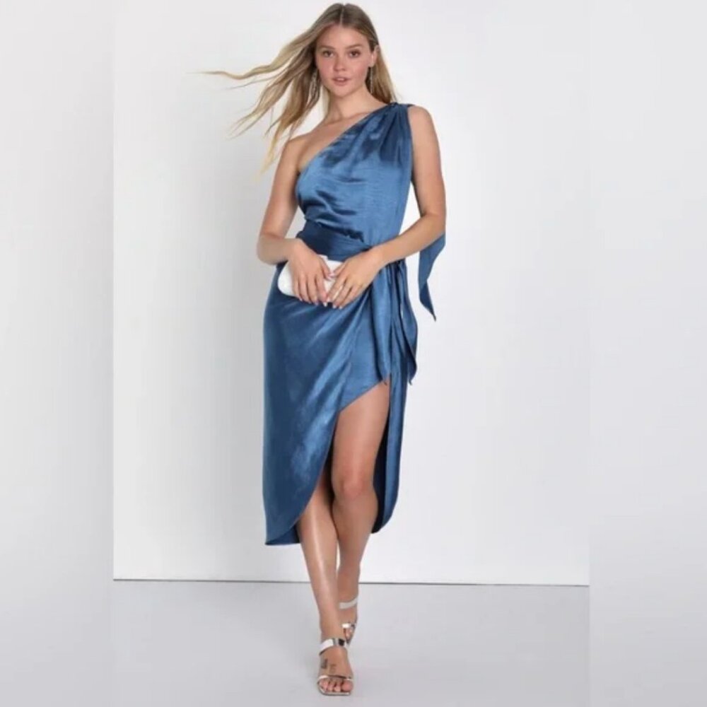 Lulus Stunning Confidence Blue Satin One-Shoulder Tie-Waist Midi Dress